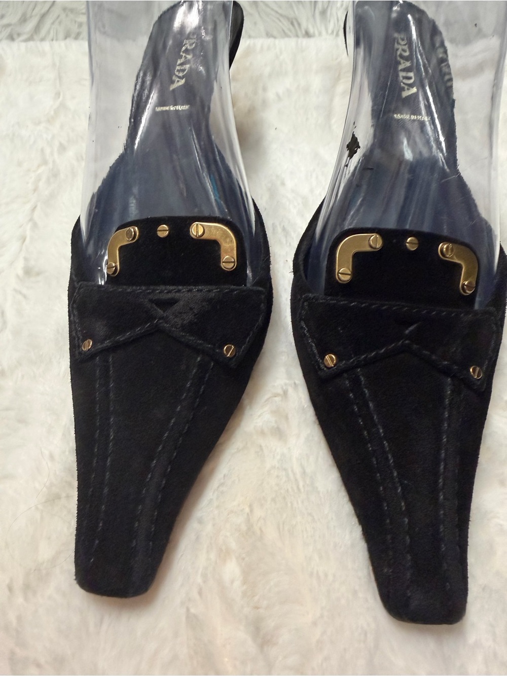 Vintage Prada Black Suede Pointed Toe Kitten Heel Mules Size 39